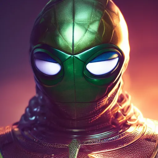 Prompt: Portrait of Mysterio from Marvel Comics, hyperrealistic, blender, octane render, studio lighting, 8k, cgsociety, hyperdetalied,