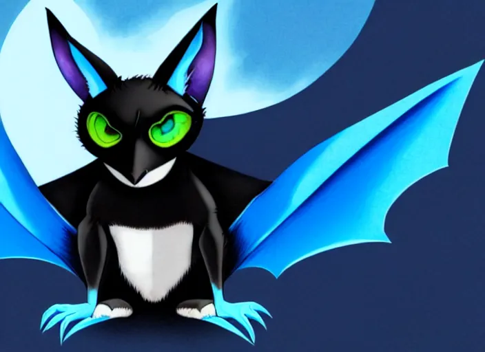 Image similar to a blue - and - black male catbat fursona with blue / green heterochromatic eyes ( differently - colored eyes, one eye green, one eye blue ) and huge bat ears, photo of the catbat streaming on his computer