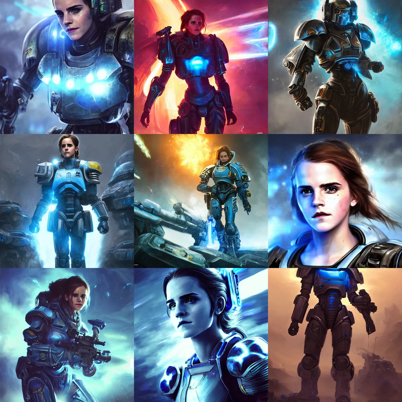 Prompt: emma watson in starcraft ii, sci - fi, futuristic armor with blue neon lights, space marine, on a battlefield, explosions, dramatic lighting, highly detailed, digital painting, 3 d render, hyper realistic detailed portrait, greg rutkowski, wlop, ruan jia, peter mohrbacher