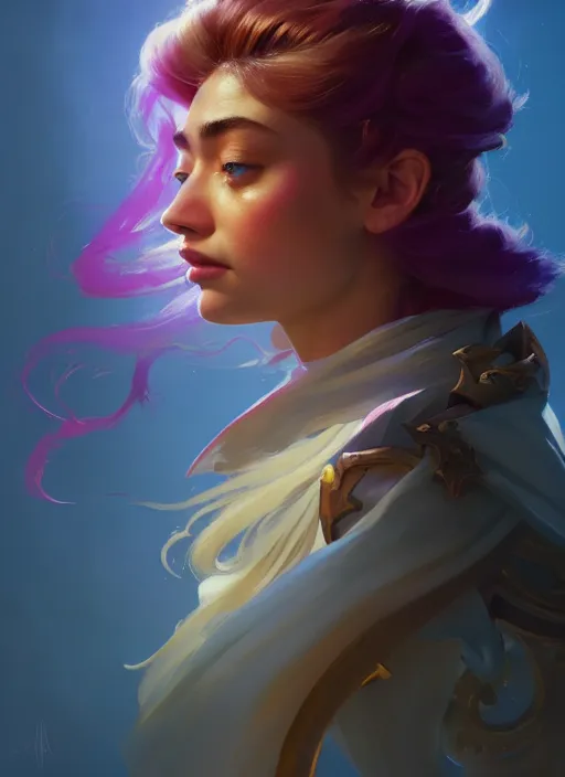 Prompt: side portrait, imogen poots, paladin!, fantasy, gloomhaven, luminescent, organic painting, gaudy colors, octane render, unreal engine, by greg manchess, huang guangjian, gil elvgren, sachin teng, greg rutkowski, jesper ejsing, ilya kuvshinov