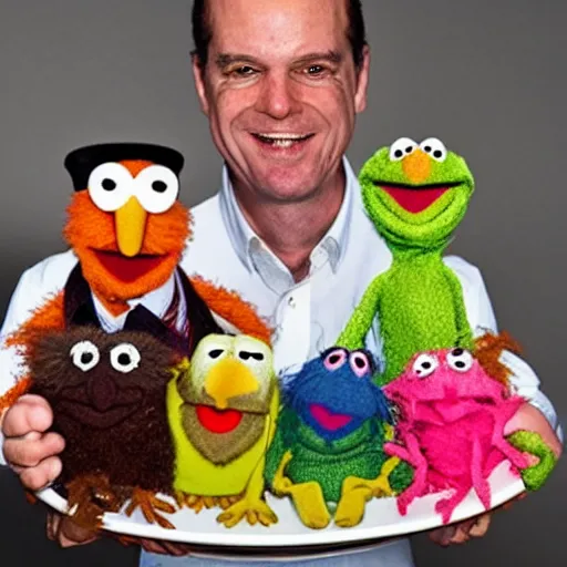 Prompt: a man holding a dinner plate full of muppets