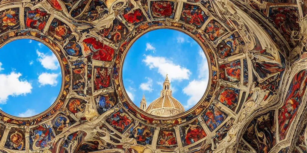 Prompt: tilt shift, Siena, bologna, italian masterpiece, sky in background, wyvern, wind rose, Ashford Black Marble, sculpture, baroque, draped with red Hibiscus and vines and spines, marble and hint gold, space, stars, clouds, suns, moons, drapes, fruits, Obsidian, pomegranade, armour, medieval globe, glass, portrait, mage, centaur, siren, lion, chariot, snails, render, artstation, ultra detailed