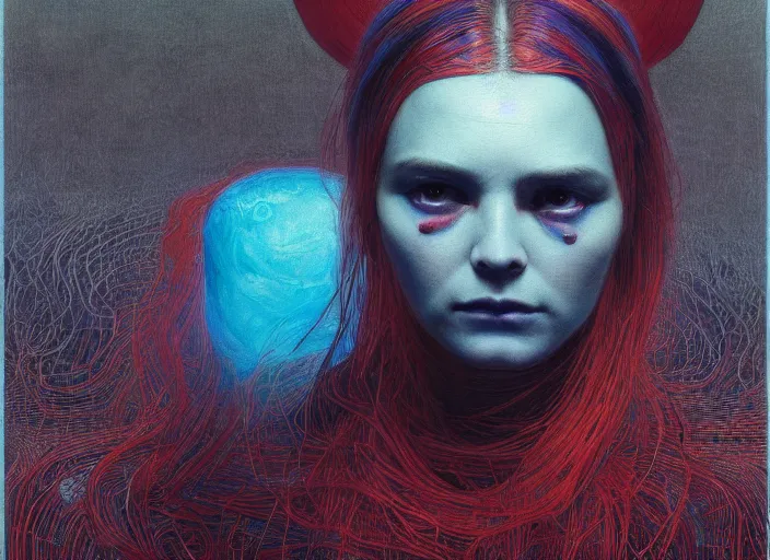 Prompt: Portrait Masterpiece, Wanda Maximoff, furious, red and cyan, glowing, wires everywhere, by Edgar Maxence and Ross Tran, Zdzisław Beksiński, and Michael Whelan, distant, gustav dore, H.R. Giger, 8k, octane render