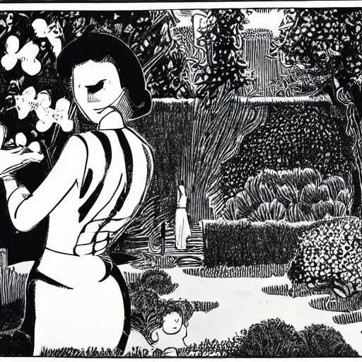 Prompt: comic book panel of a woman standing in a french garden, unidentified being lurking behind her, by gilbert hernandez