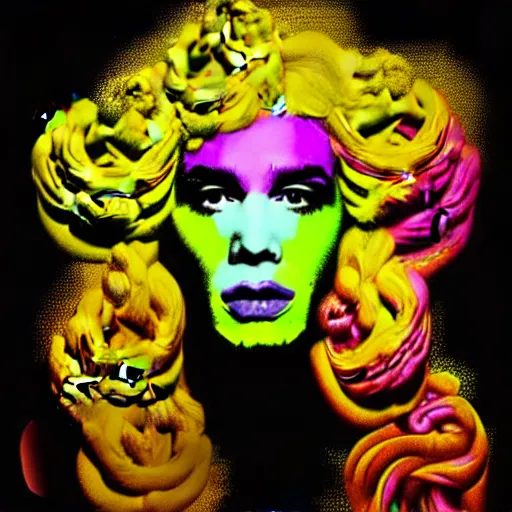 Image similar to an extremely psychedelic portrait of andy warhol as medusa, surreal, lsd, face, detailed, intricate, elegant, lithe, highly detailed, digital painting, artstation, concept art, smooth, sharp focus, illustration