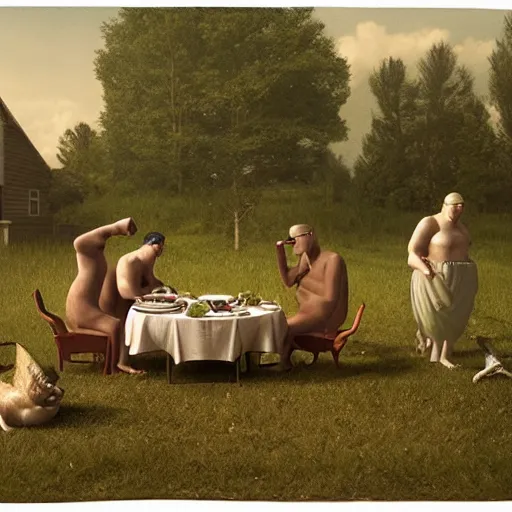 Image similar to a family of cyclops having dinner, by Gregory Crewdson