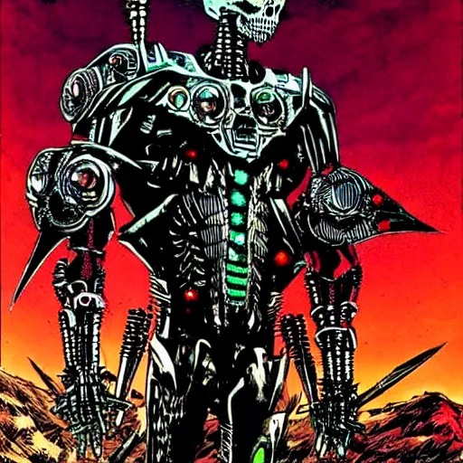 Prompt: cyborg undead Warrior, dark metal pyramids in the background, art by Philippe Druillet