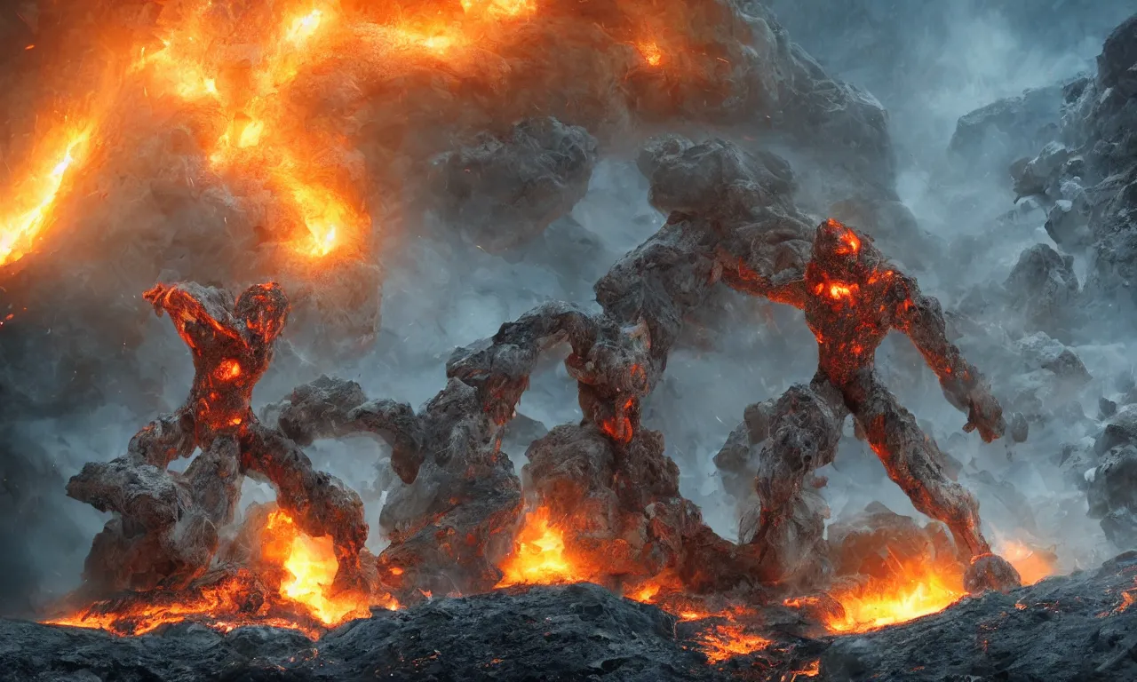 Image similar to a fire golem emerging from the crater of a volcano surrounded by the police and the army, dramatic effects, epic composition, large scale, octane render, digital art, sharp focus, 8k trending on artstation, action pose