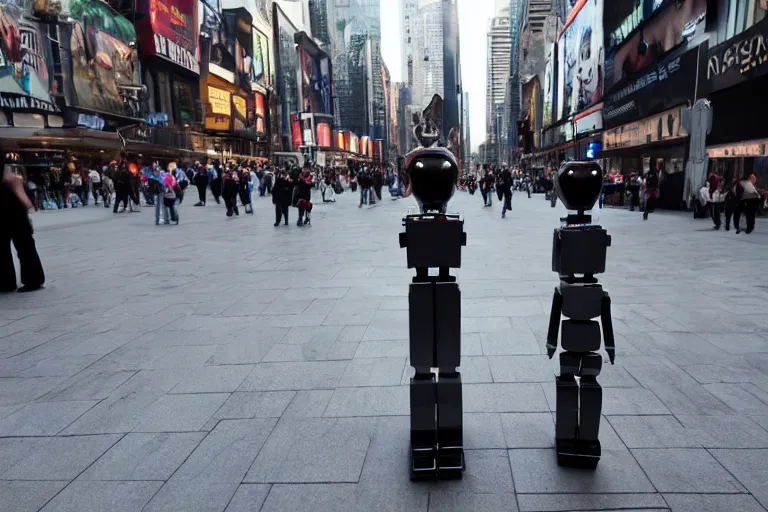 Prompt: cinematography sleek humanoid robot clones helping people in time squares by Emmanuel Lubezki