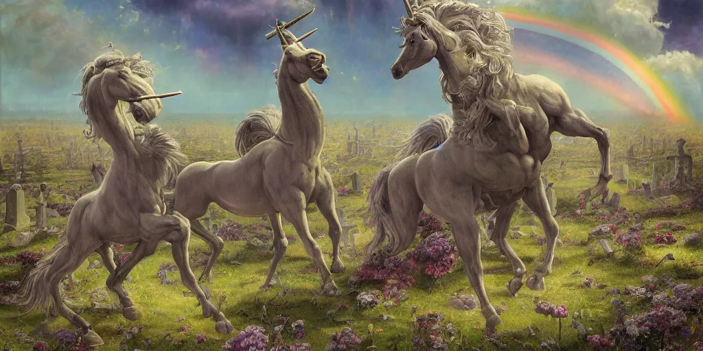 Image similar to A beautiful detailed mate painting Unicorns dancing under a rainbow on a graveyard' by Wayne Barlowe, existential horror, Trending on cgsociety artstation, highly detailed, 8k, masterpiece, in the style of DiscoDiffusion.