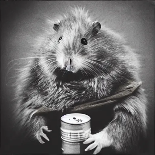 Image similar to “ hamster dressed as a homeless person sitting at an intersection with arms stretched out holding a tin can ”