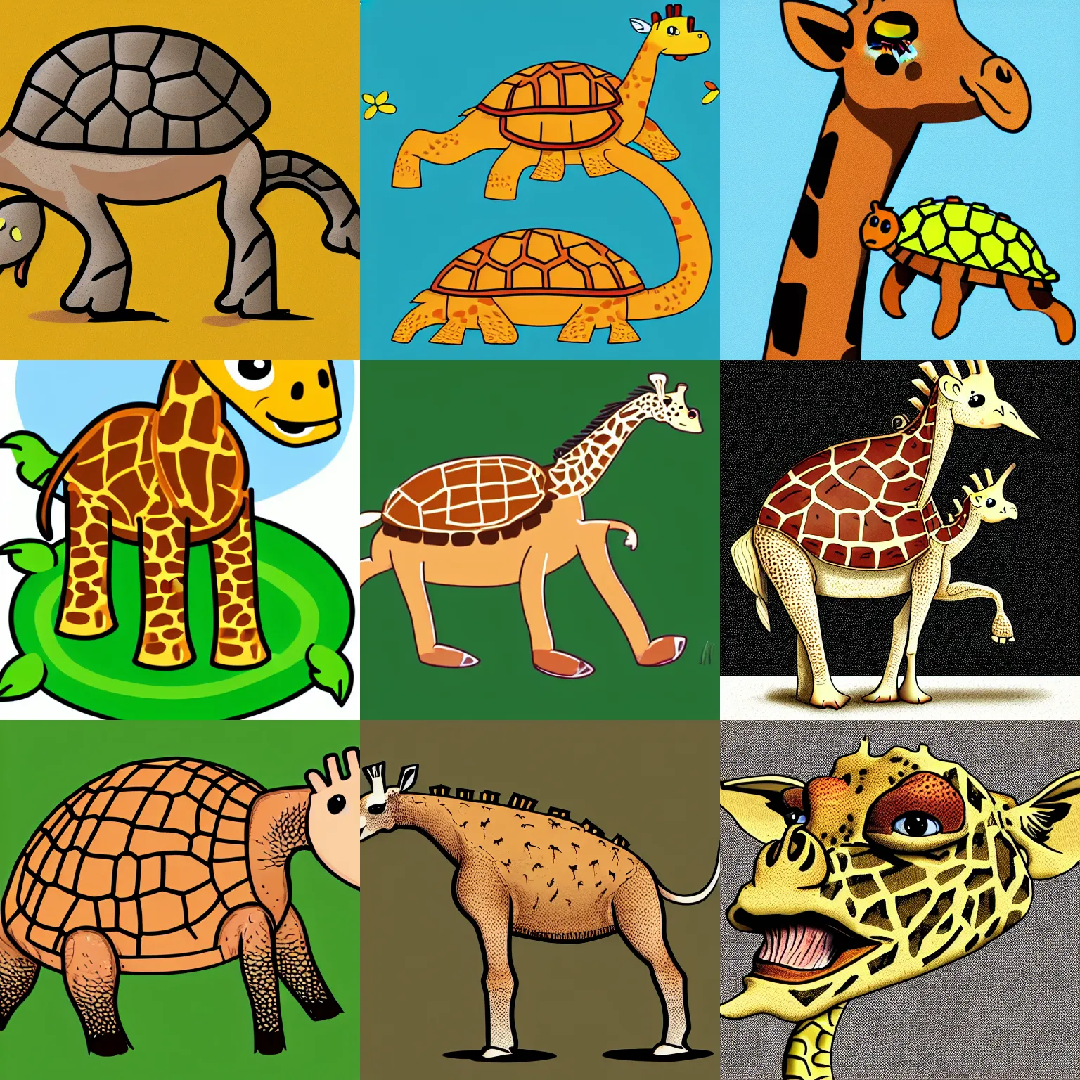 Prompt: a professional high quality illustration of a giraffe turtle chimera. a giraffe imitating a turtle. a giraffe made of turtle.