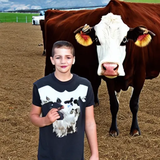 Prompt: drake, with a cow, at a dairy farm