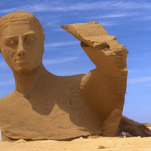 Image similar to ozymandias'statue, drowned in the dunes of the desert, photorealistic