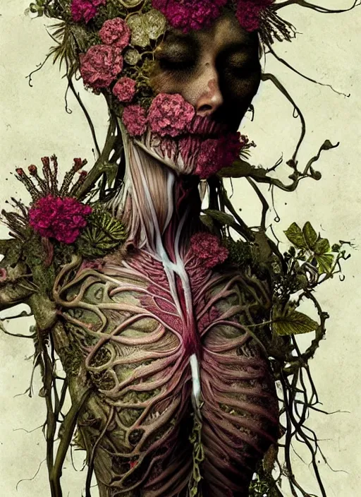 Image similar to beautiful and detailed rotten woman corpse with fractal plants and fractal flowers growing around, muscles, veins, arteries, intricate, organs, ornate, surreal, ray caesar, john constable, guy denning, dan hillier