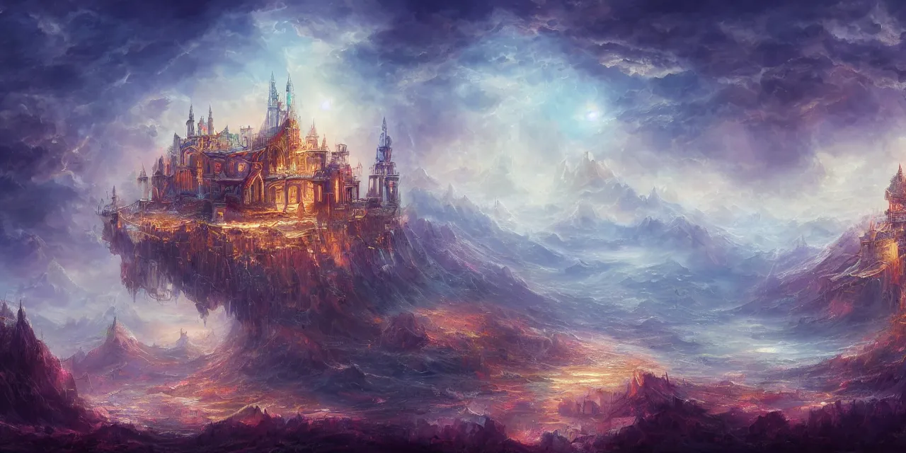 Prompt: a beautiful painting of sky palace, god, musical notes in blind eyes, rivers, angels, deep roses, secret, infinite, a huge sence, ultrawide viewn and highly detailed matte painting, trending on artstation