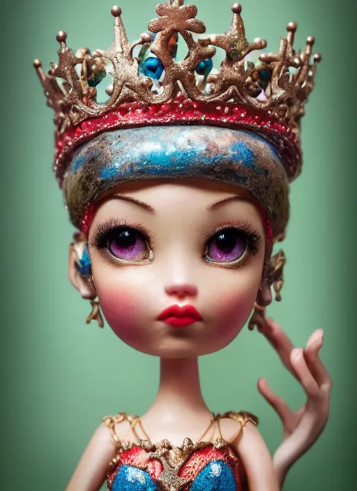 Image similar to closeup face profile portrait of tin toy fairytale princess wearing a crown eating cakes, bikini, depth of field, zeiss lens, detailed, symmetrical, centered, fashion photoshoot, by nicoletta ceccoli, mark ryden, lostfish, breathtaking, 8 k resolution, extremely detailed, beautiful, establishing shot, artistic, hyperrealistic, octane render