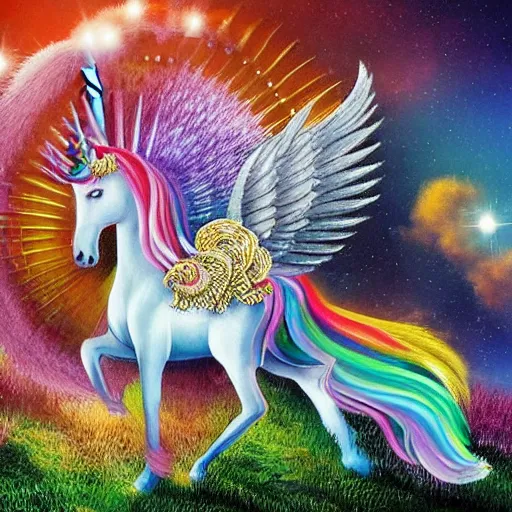 Prompt: a timemachine made of several unicorns woven together like a basket. the unicorn's fur is iridescent like a peacocks.
