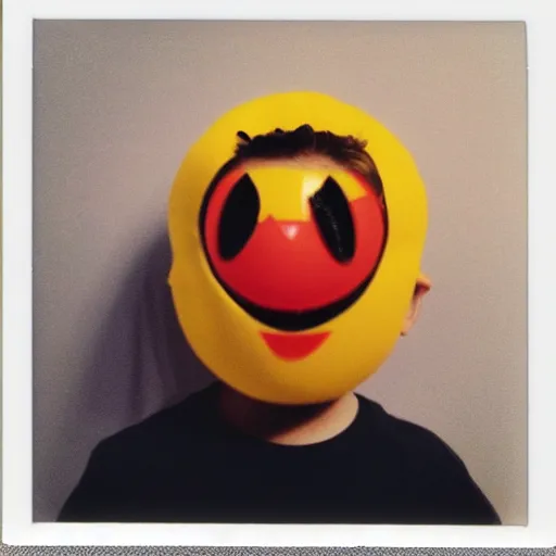 Prompt: polaroid photo of a kid on halloween wearing an emoji mask