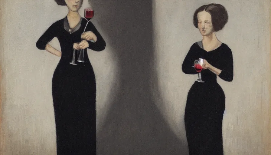 Prompt: a lady in black dress holding wineglass, full body, by rene gruau