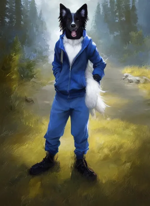 Image similar to beautiful portrait of a cute male anthropomorphic border collie fursona wearing a blue tracksuit in idaho. by charlie bowater, henry asencio, and ross tran. scenic background, detailed, concept art, detailed hands, glamor pose, aesthetic, trending on artstation, top rated on furaffinity and deviantart