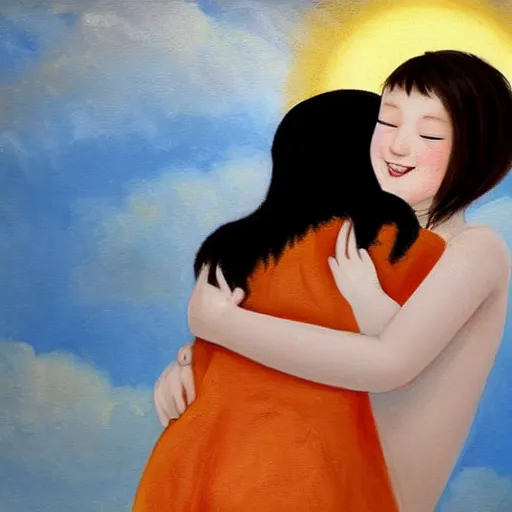 Image similar to black haired girl hugging a ginger girl and smiling, beautiful, innocent, angelic, happy, warm, soft lighting, in the clouds, renaissance, beautiful, cherubic, oil painting