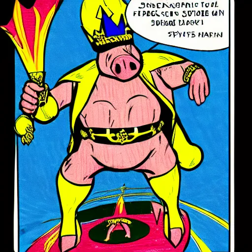 Image similar to comic book drawing of pig wearing a gold crown in the style of jack kirby
