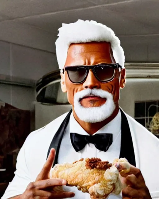 Image similar to dwayne johnson as colonel sanders eating fried chicken