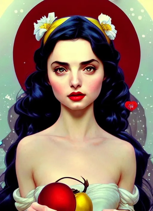 Image similar to disney snow white ( ( ana de armas ) ), girl, masterpiece, intricate, elegant, highly detailed, my rendition, digital painting, artstation, concept art, smooth, sharp focus, illustration, art by artgerm and greg rutkowski and alphonse mucha and uang guangjian and gil elvgren and sachin teng, symmetry!!