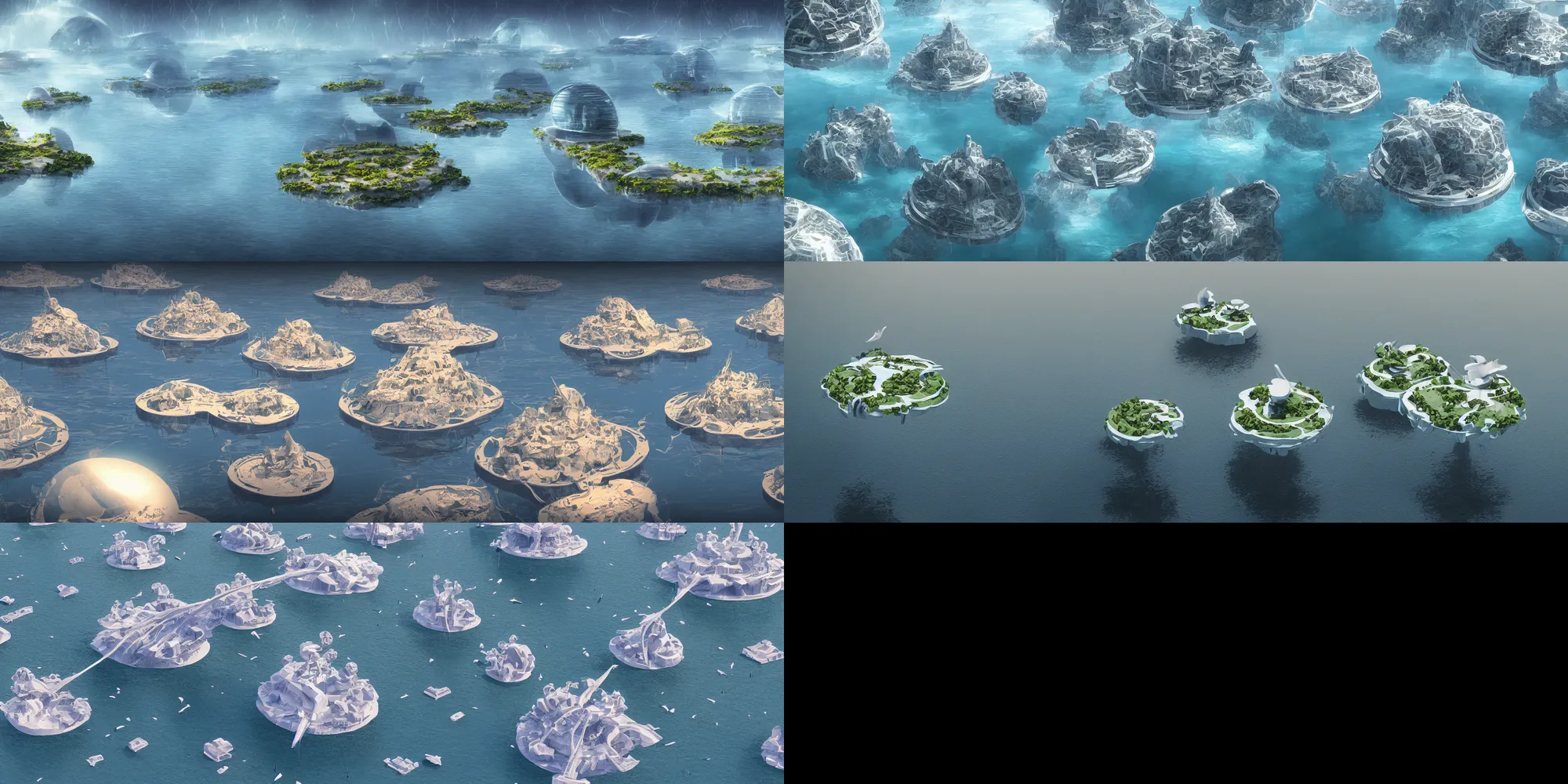 Prompt: Floating islands, futuristic structures, digital art, 4k
