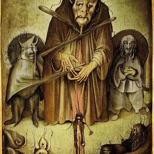Image similar to portrait of an old frail ominous wise wizard man with long flowy hair wearing an ancient robe, surrounded by demons art by hieronymus bosch