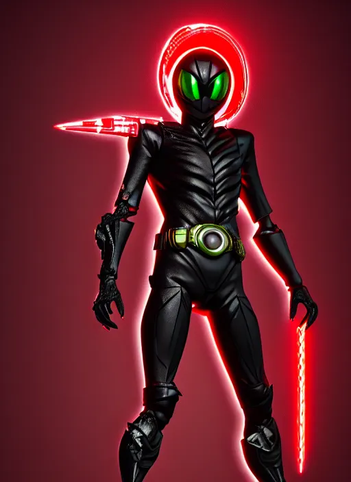 Image similar to kamen rider character, design by shotaro ishinomori, highly detailed, black textured, red glow eye, 4 k, hdr, award - winning, artstation, octane render