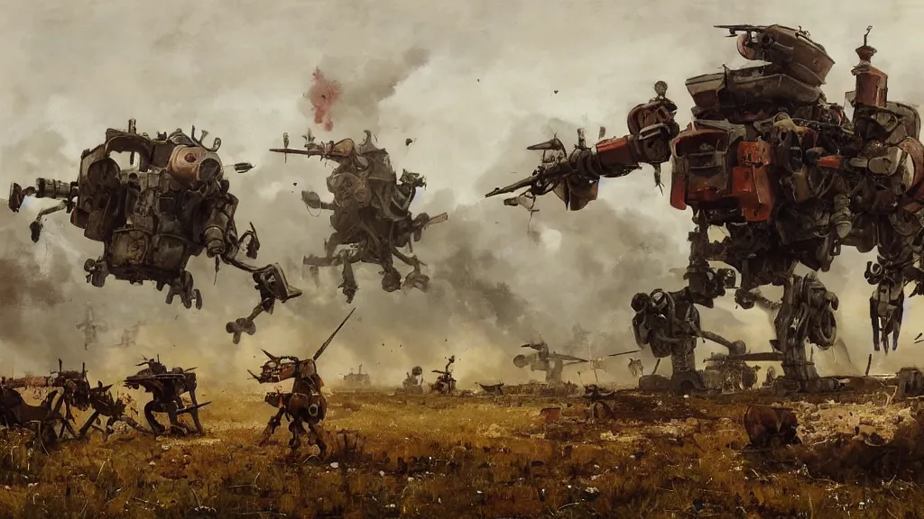 Image similar to 1920's battle in a farming village between bipedal mechs, painted by Jakub Rozalski