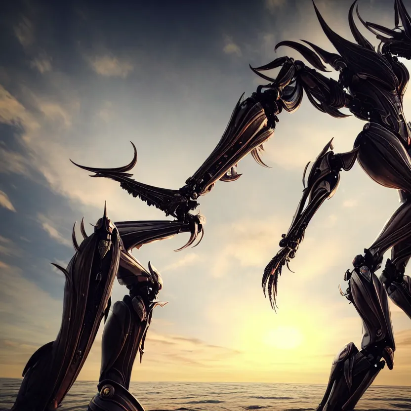 Image similar to looking up at a highly detailed 300 foot tall giant exquisite beautiful stunning valkyr female warframe, as an anthropomorphic robot dragon, posing elegantly over your tiny form, detailed legs looming over you, camera on the ground, at the beach on a sunset, sleek streamlined design, streamlined matte black armor, sharp detailed claws, detailed sharp robot dragon feet, worms eye view, giantess shot, upward shot, ground view shot, leg shot, front shot, epic cinematic shot, high quality warframe fanart, captura, realistic, professional digital art, high end digital art, furry art, giantess art, anthro art, DeviantArt, artstation, Furaffinity, 8k HD render, epic lighting