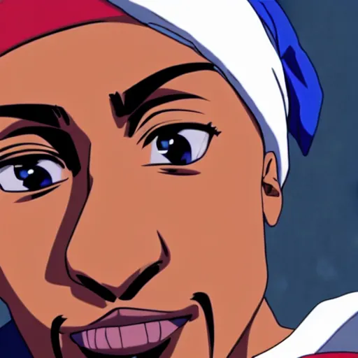 Image similar to Tupac Shakur, screenshot from a 2012s anime