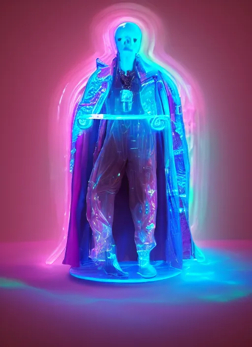 Prompt: photo of fullbodied baroque and bladerunner delicate neon diamond sculpture of corgi albino marble prince kai harvatz dotado pink iridescent humanoid deity wearing blue plastic hooded cloak holding an glass skull in a onyx alien dungeon, reclining, glowing magenta face, crown of white diamonds, cinematic lighting, photorealistic, octane render 8 k depth of field 3 d