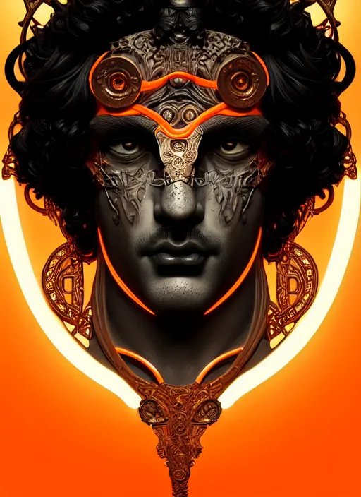 Image similar to portrait of greek god ares, black curly hair, glowing eyes, volumetric lights, face ornament, orange scheme, art nouveau botanicals, gothic, intricate, highly detailed, digital painting, artstation, concept art, smooth, sharp focus, symmetric face, illustration, steampunk, art by artgerm and greg rutkowski and alphonse mucha