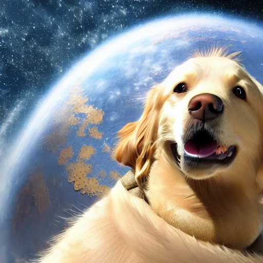 Image similar to a golden retriever in a space suit, masterpiece, highly detailed, high quality, 4 k, anatomically correct, hyperrealistic, concept art, octane render, unreal engine 5, trending on artstation, trending on deviantart, matte, historical painting, fantasy style, path traced, high coherence, soft lighting, digital painting, mythical