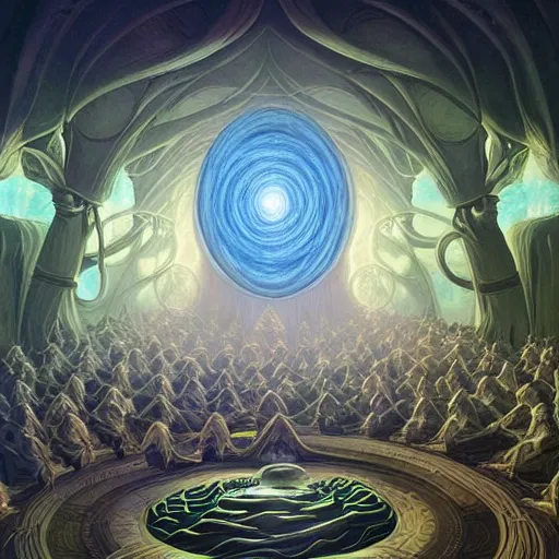 Prompt: a quantum computer, surrounded by a dark cabal of hooded elven mystics with long robes gathered in a circular formation, michael whelan art, dan seagrave art