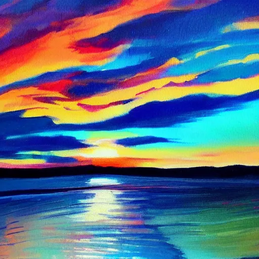 Prompt: a beautiful painting of a sunset in a style never before seen