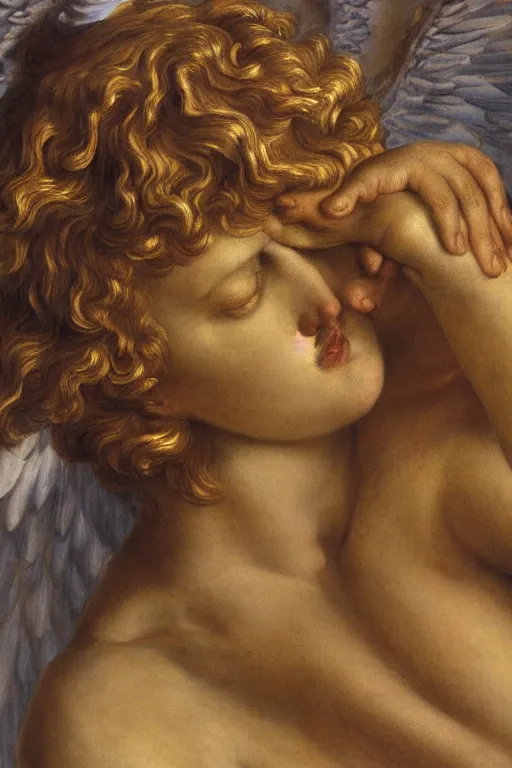 Prompt: Fallen angel by Alexandre Cabanel, face, closeup, ultra detailed, made in gold, Guido Reni style