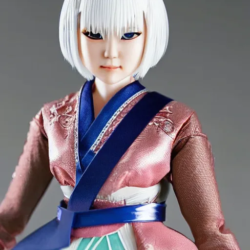 Image similar to a japanese princess young lady, with white hair and bangs!!!! beauty, action figure, well lit, studio light, painted action figure, toy advertisement