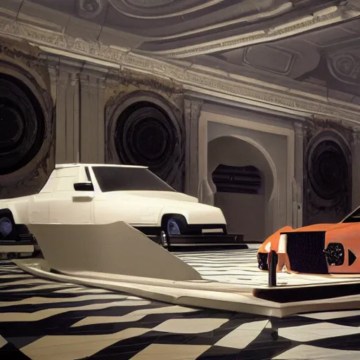 Image similar to full lenght sci-fi cars in the coronation of napoleon painting by Jacques-Louis David and point cloud in the middle and everything in form of zaha hadid architects artwork by caravaggio unreal engine 5 keyshot octane lighting ultra high detail ultra hyper realism 8k 16k in plastic dark tilt shift full-length view