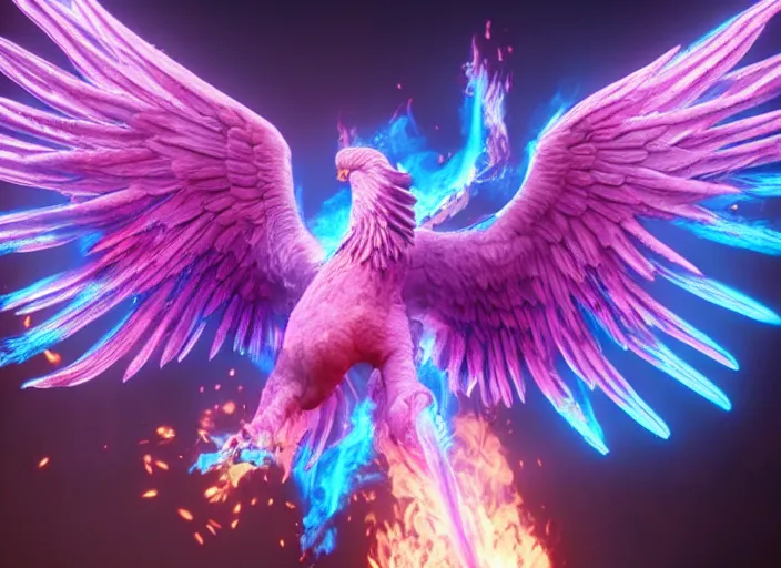 Image similar to pink and blue flaming phoenix, unreal engine 5, intricate, detailed, realistic