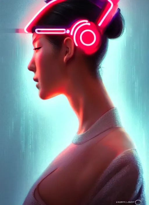 Image similar to photorealistic an oriental female humanoid with freckle cheeks, cyber neon lightings, futurism, cyberpunk high fashion, elegant profile pose, intricate details, crispy quality, digital photography, trending in artstation, trending in pinterest, no watermark signature, cinematic, 4 k ultra hd, art by artgerm, art by greg rutkowski, art by pascal blanche