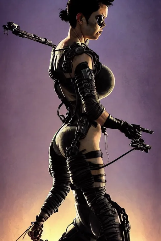 Image similar to gta furiosa as aeon flux profile picture by greg rutkowski, mad max, dynamic pose, intricate, futuristic, fantasy, elegant, by stanley artgerm lau, greg rutkowski, thomas kindkade, alphonse mucha, loish, norman rockwell, fantasy lut, asymmetric, long hair, retro computer graphics, video game, fluid lines,