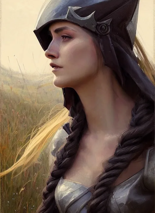 Prompt: portrait of Syndra from League of Legends medieval dress, countryside, calm, fantasy character portrait, dynamic pose, above view, sunny day, thunder clouds in the sky, artwork by Jeremy Lipkin and Giuseppe Dangelico Pino and Michael Garmash and Rob Rey, very coherent asymmetrical artwork, sharp edges, perfect face, simple form, 100mm