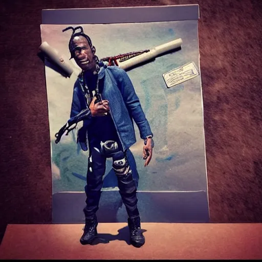 Image similar to “ travis scott action figure concept art, chest cam perspective, actually good ”