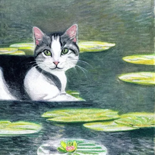 Image similar to a white and grey tabby cat, with a black and grey striped head and a white mouth, stretching on a lilypad floating on a lake, in the style of Water Lilies painting by Monet