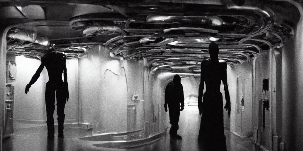 Prompt: a tight shot of a dark Alien ship interior corridor by Ridley Scott, high contrast, Aliens movie, grainy, moody, dark, bleak, ARRIFLEX 35 III Camera